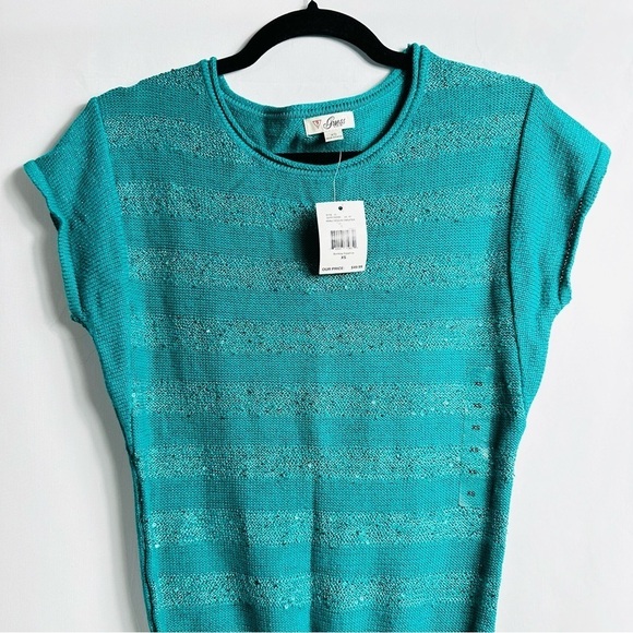 NWT Guess Women’s Sz XSmall Bombay Sapphire Anali Sequin Short Sleeve Sweater - Picture 4 of 8
